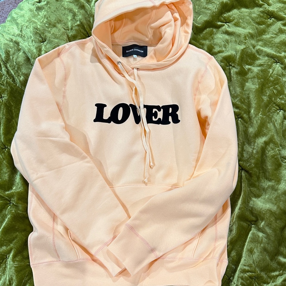 Bianca Chandon Peach Hoodie with Black 'Lover' Print